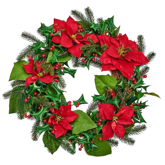 24" x 24" Artificial Christmas Poinsettia Wreath with Berries